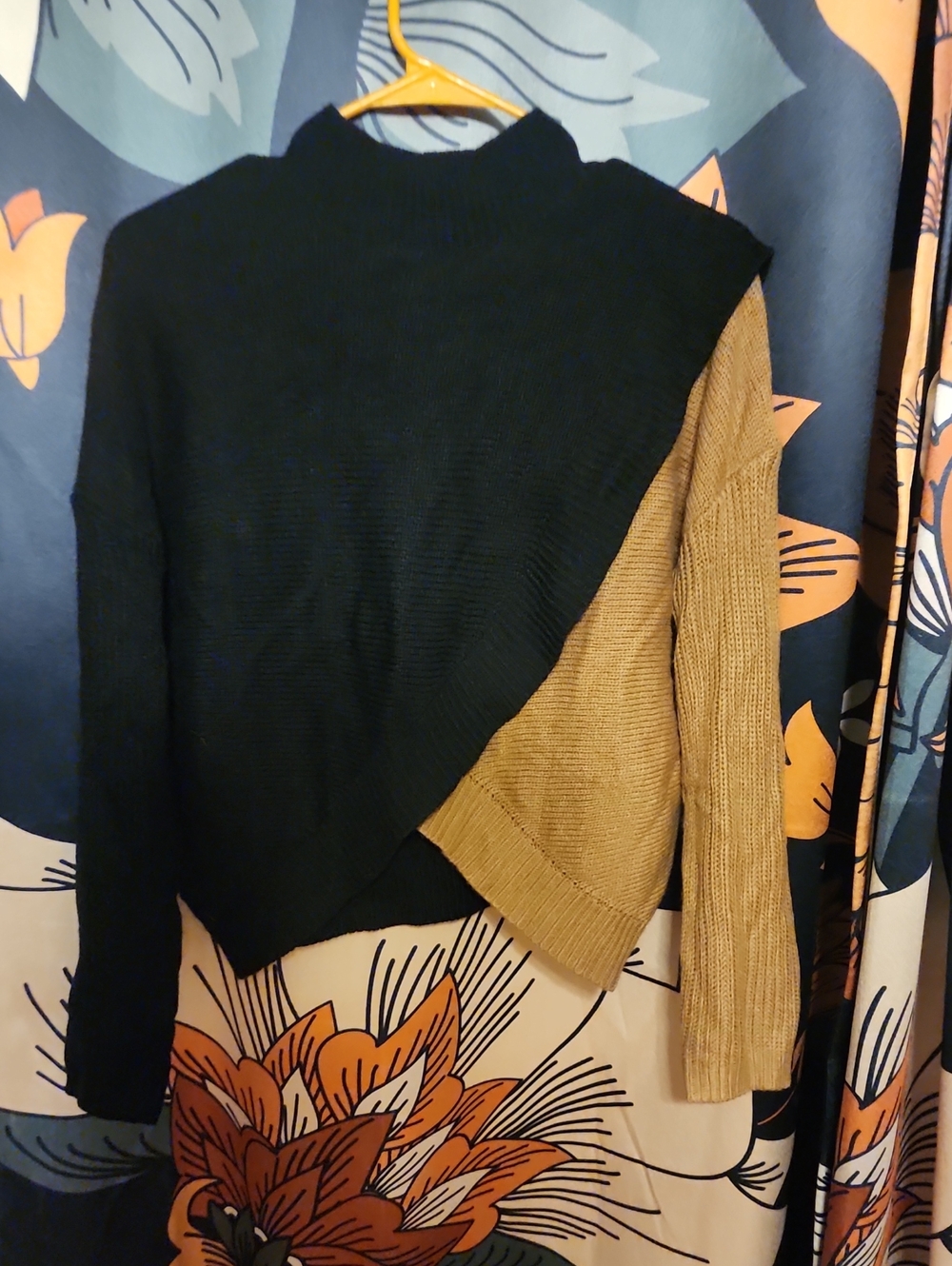 SHEIN Black and Camel Colorblock Mock Neck Sweater